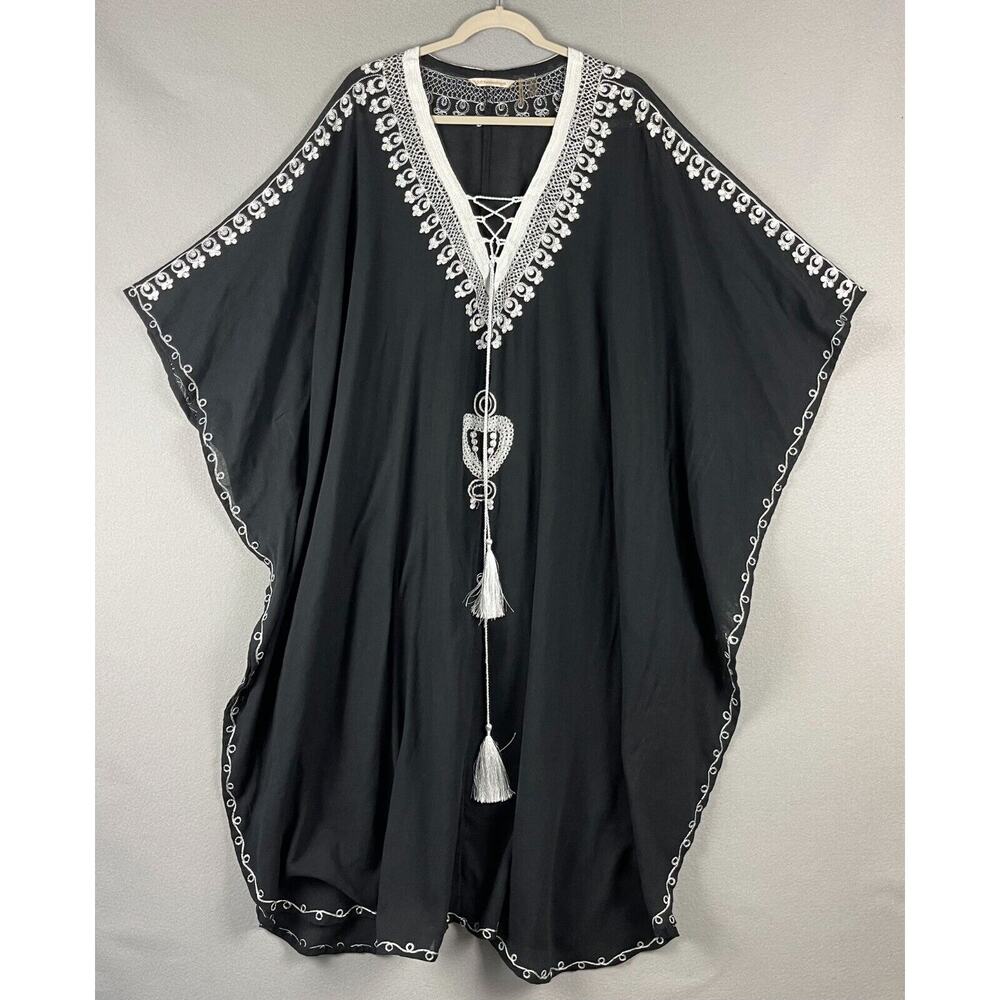 Soft Surroundings Kaftan Dress Womens One Size‎ Black Embroidered Resort Cruise